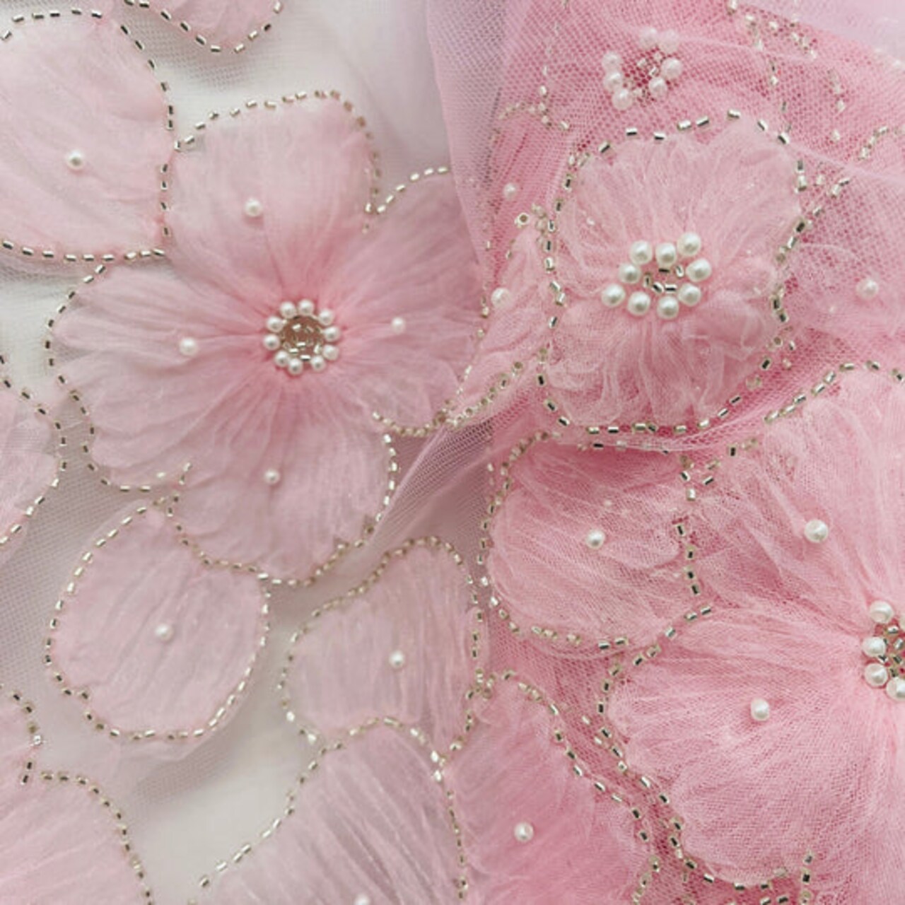 1 Yard Beaded 3D Floral Lace Fabric Embroidered 100 Percent Polyester Net Mesh 52 inch Width